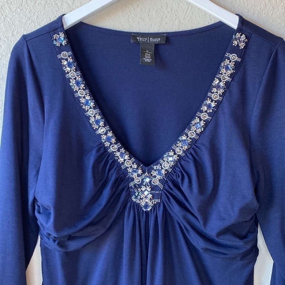 WHBM Blue Beaded V Neck Top Size Medium - Picture 2 of 13